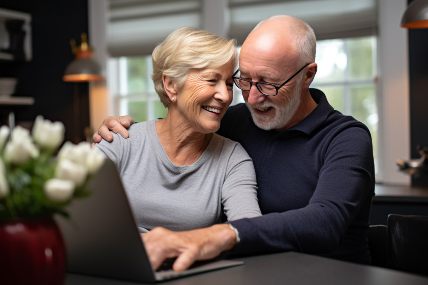 Senior couple embracing while using a laptop at home