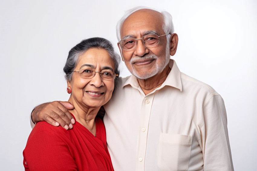 Smiling Indian seniors portrait white background