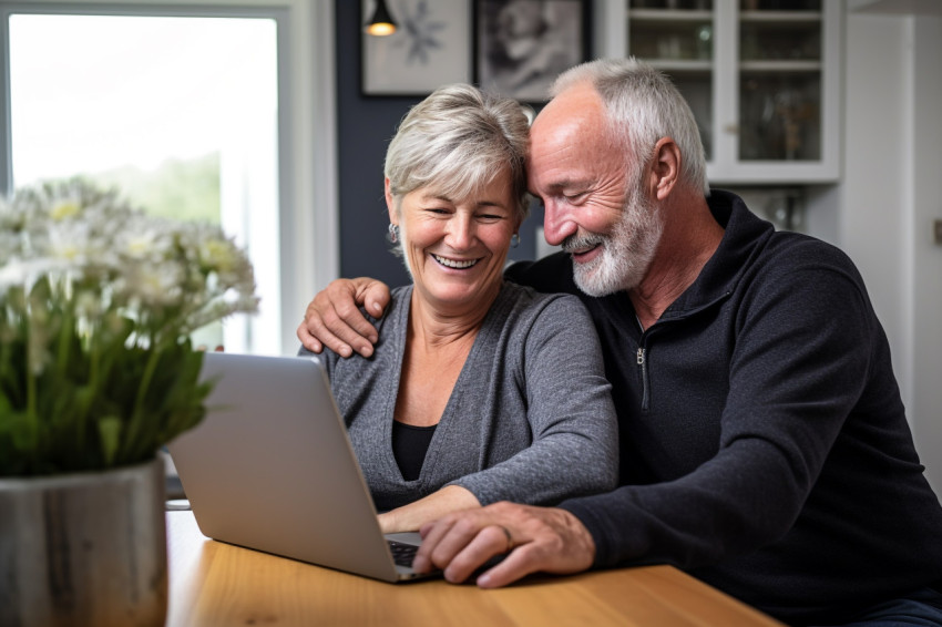 Senior couple embracing while using a laptop at home