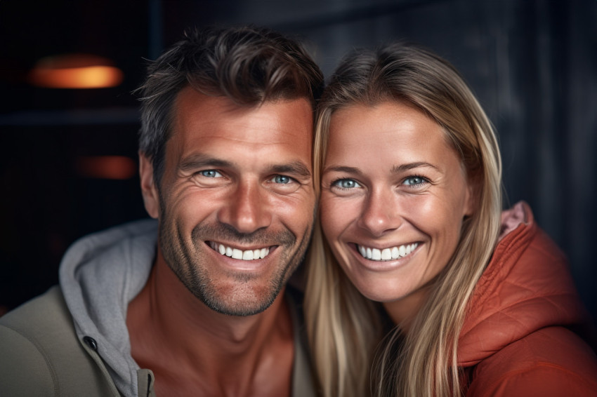 Joyful couple smiles for the camera