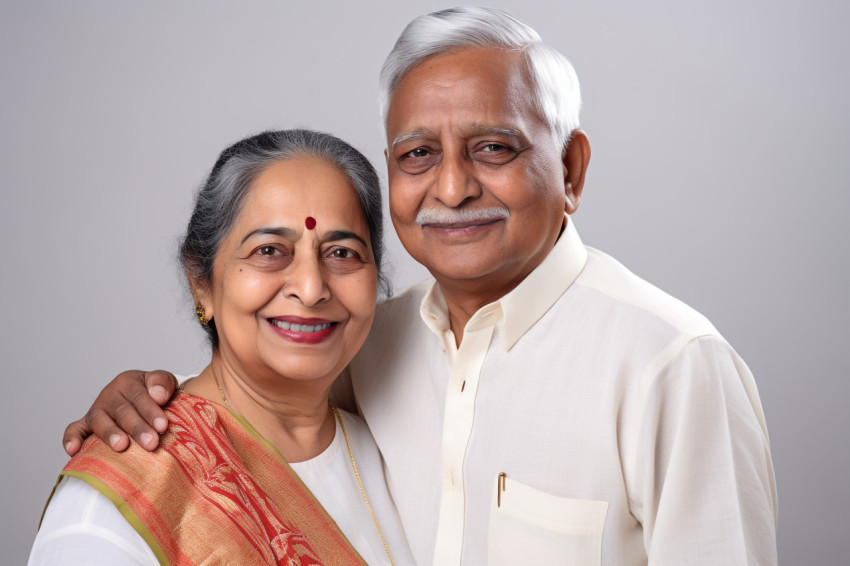 Smiling Indian seniors portrait white background