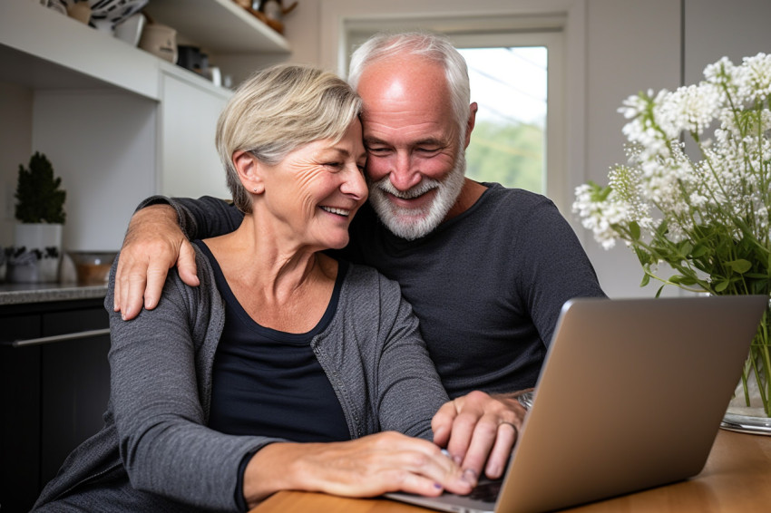 Senior couple embracing while using a laptop at home