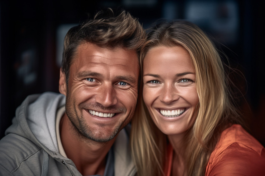 Joyful couple smiles for the camera