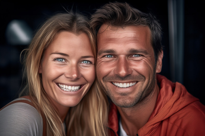 Joyful couple smiles for the camera