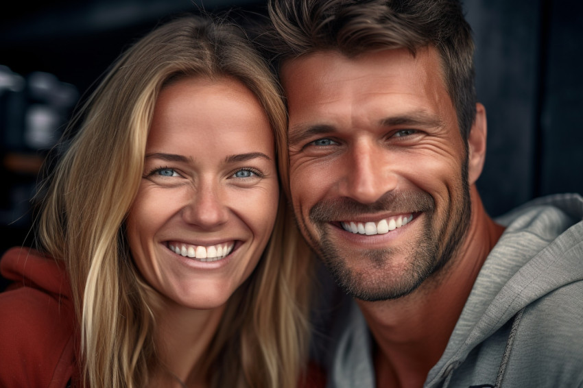 Joyful couple smiles for the camera