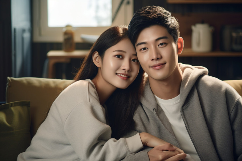 Photo of Asian young couple at home smiling and happy