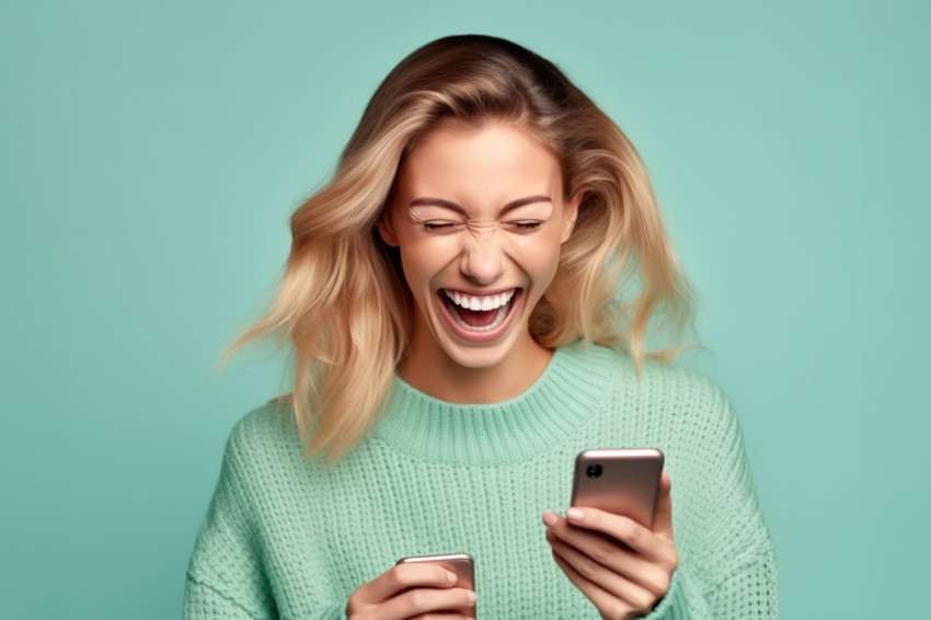 Young smiling woman in sweater chatting on phone