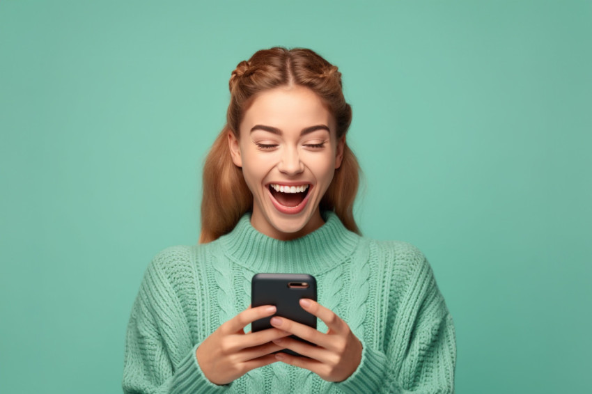 Young smiling woman in sweater chatting on phone