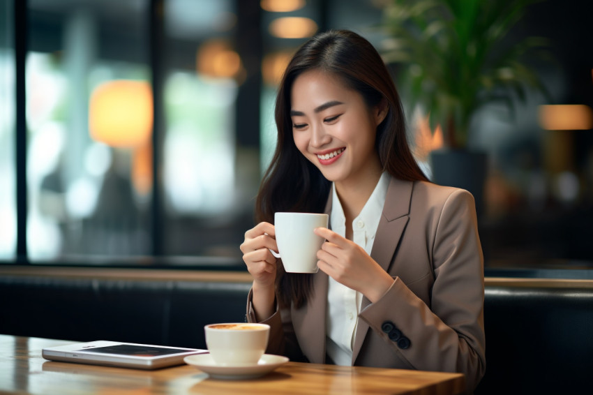 Asian businesswoman using smartphone in cafe