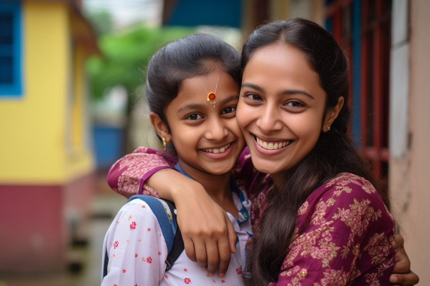 Happy teen daughter hugging Indian mom at home