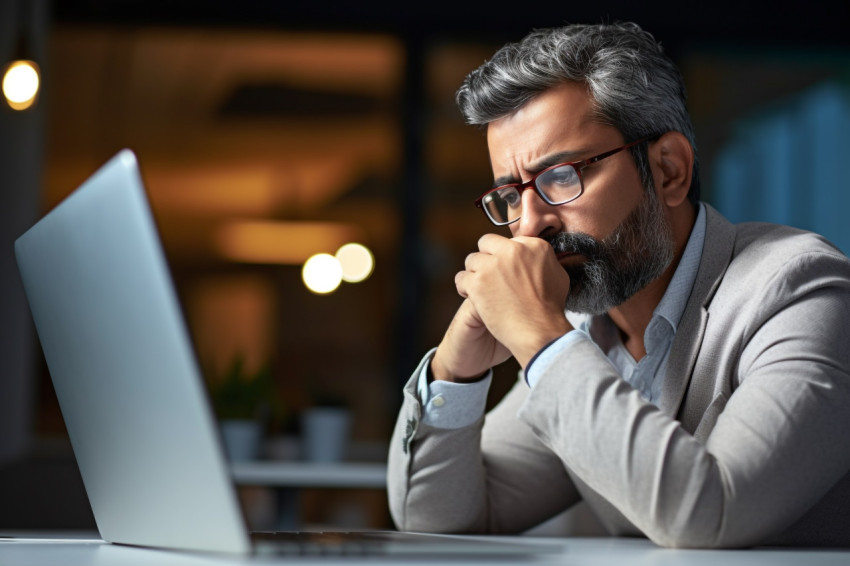 Indian Hispanic CEO businessman working on laptop