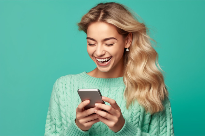 Young smiling woman in sweater chatting on phone