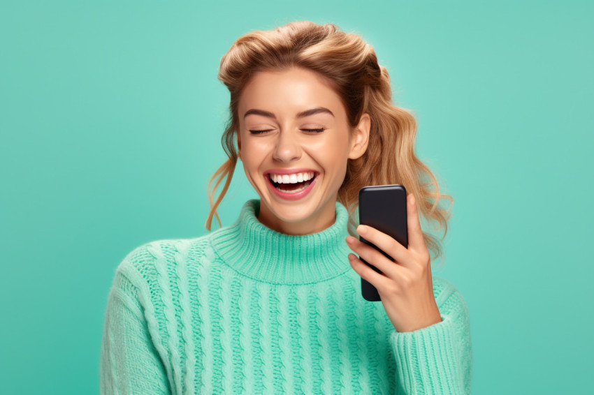 Young smiling woman in sweater chatting on phone