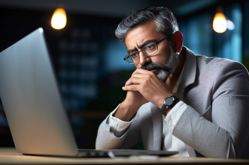 Indian Hispanic CEO businessman working on laptop