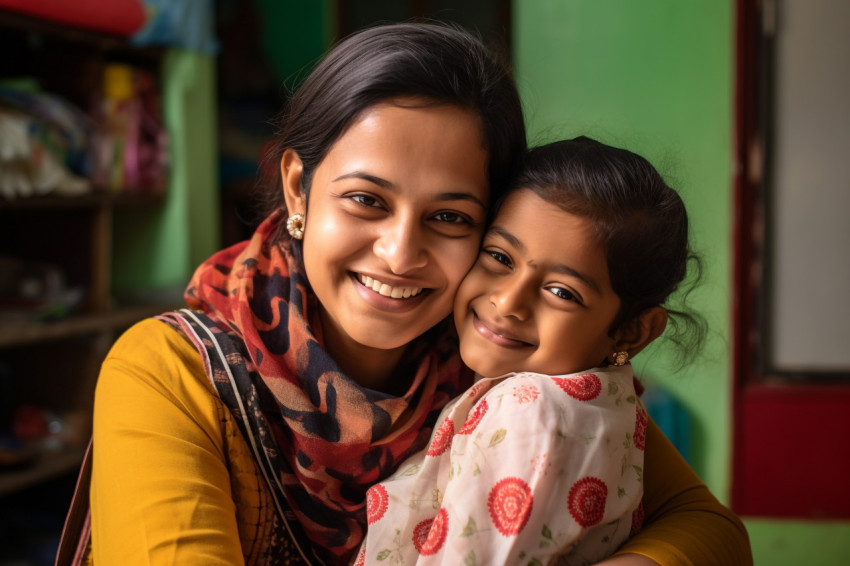 Happy teen daughter hugging Indian mom at home