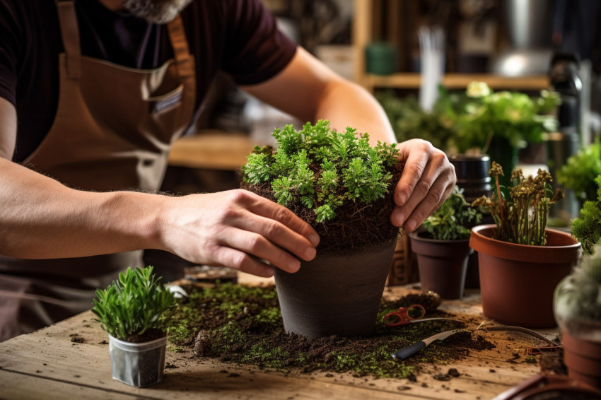 Man fills flowerpot with soil for houseplant in store