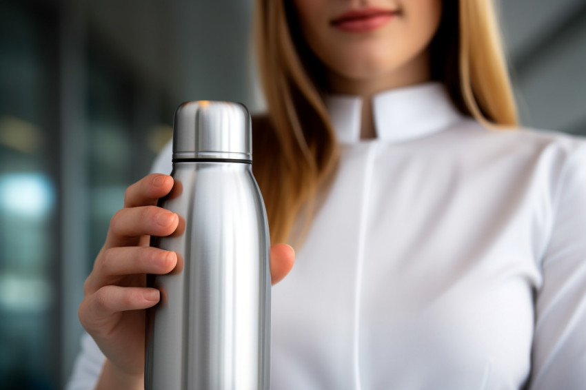 Woman holding thermos at work