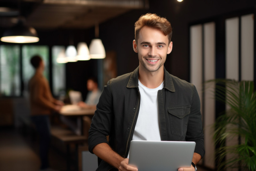 Handsome young male entrepreneur with laptop in office