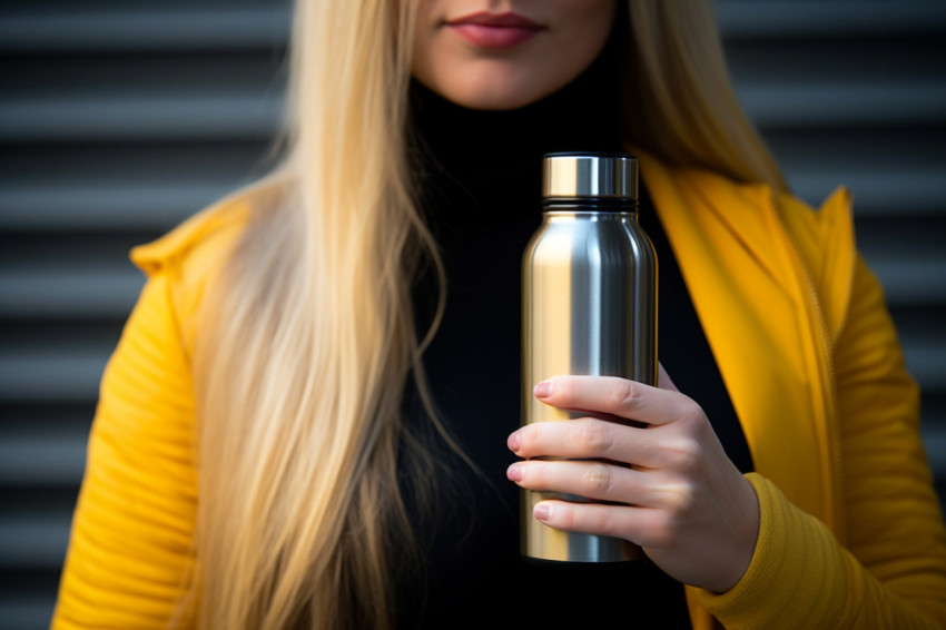 Woman holding thermos at work