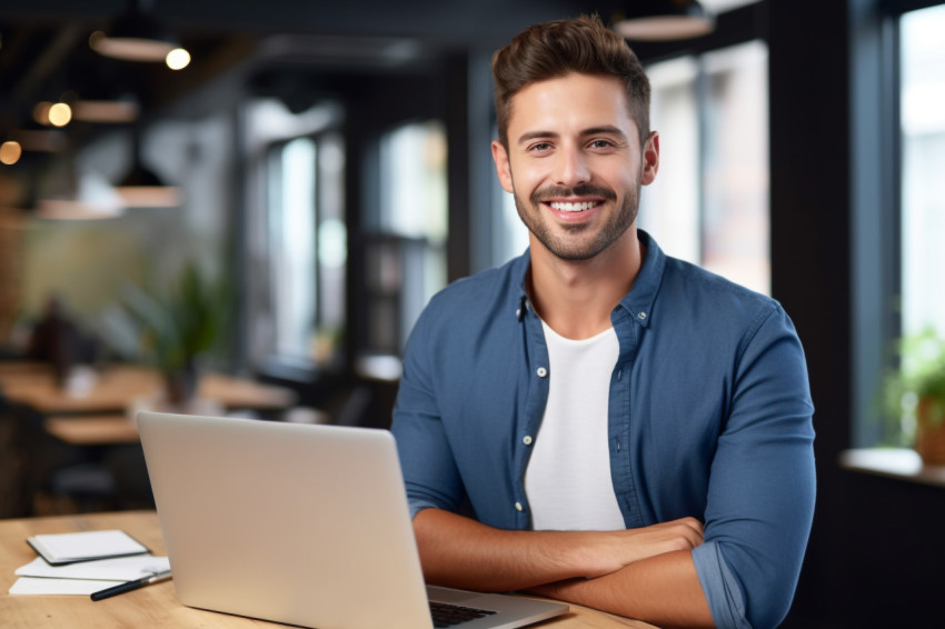 Handsome young male entrepreneur with laptop in office