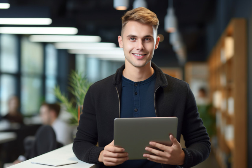 Handsome young male entrepreneur with laptop in office