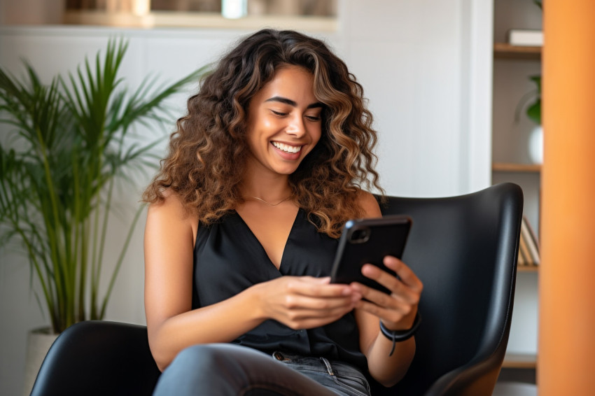 Smiling young woman sitting on chair with phone