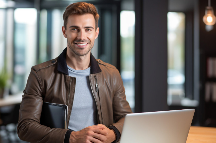 Handsome young male entrepreneur with laptop in office