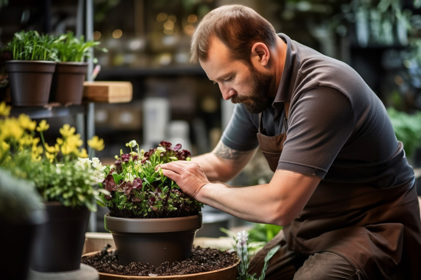 Man fills flowerpot with soil for houseplant in store