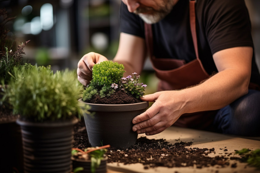 Man fills flowerpot with soil for houseplant in store