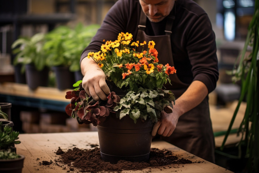 Man fills flowerpot with soil for houseplant in store