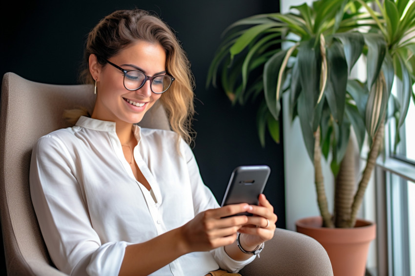 Smiling young woman sitting on chair with phone