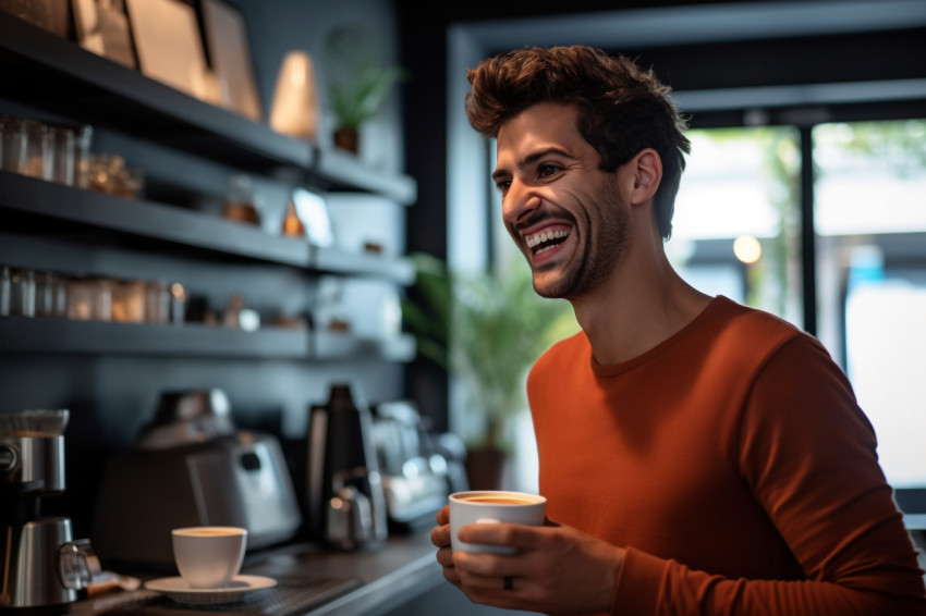 A photo of a young guy holding a cup of coffee and smiling