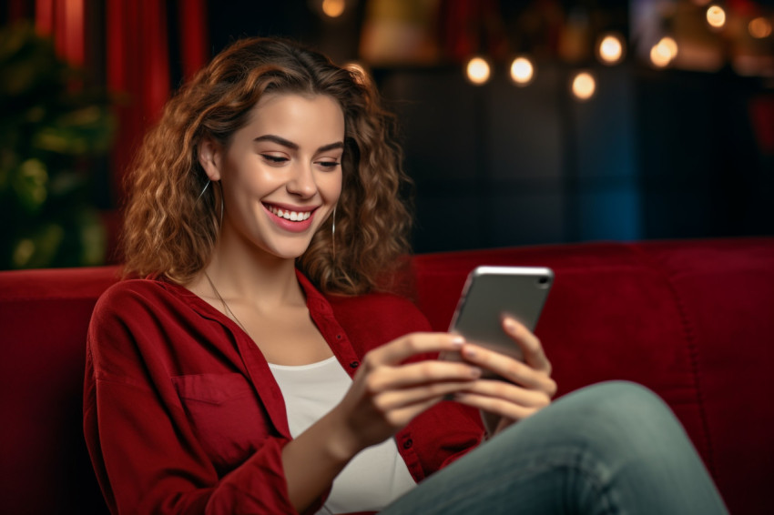 Smiling woman on couch using phone apps