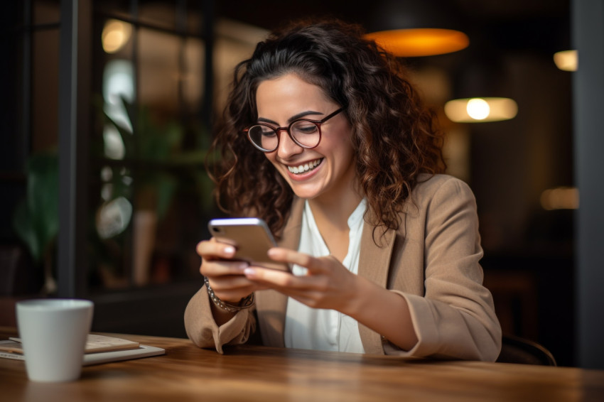 Young woman at table using phone