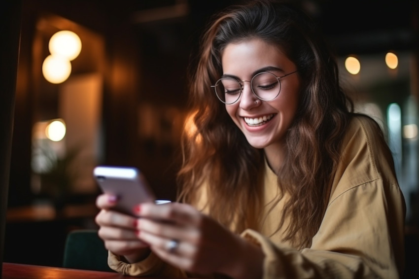 Young woman at table using phone