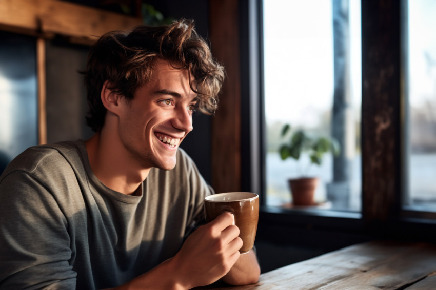 A photo of a young guy holding a cup of coffee and smiling