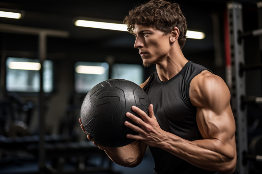 Young man working out with medicine ball in gym