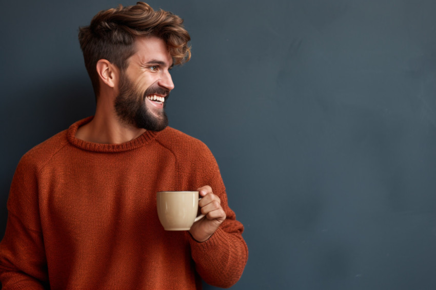 A photo of a young guy holding a cup of coffee and smiling