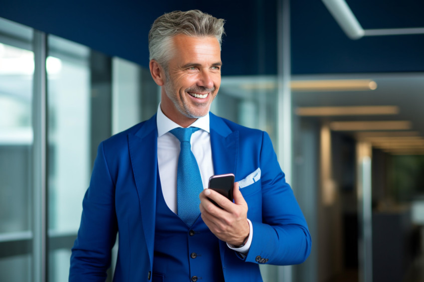 Happy middle aged CEO in blue suit standing in office using phone