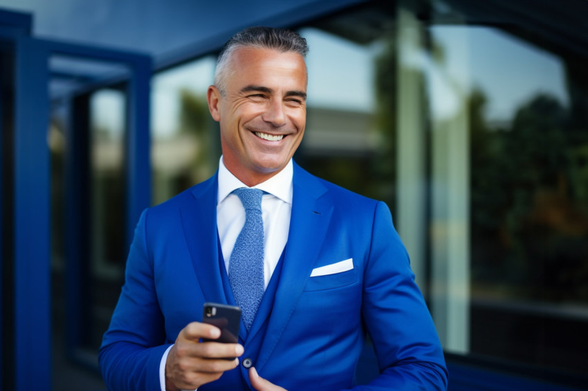 Happy middle aged CEO in blue suit standing in office using phone