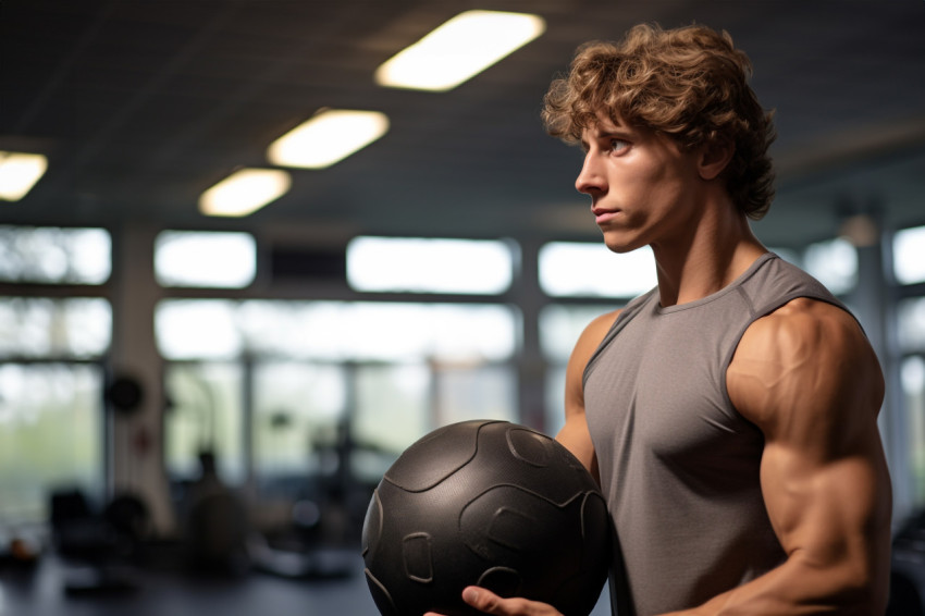 Young man working out with medicine ball in gym