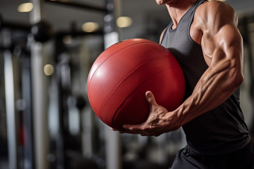 Young man working out with medicine ball in gym