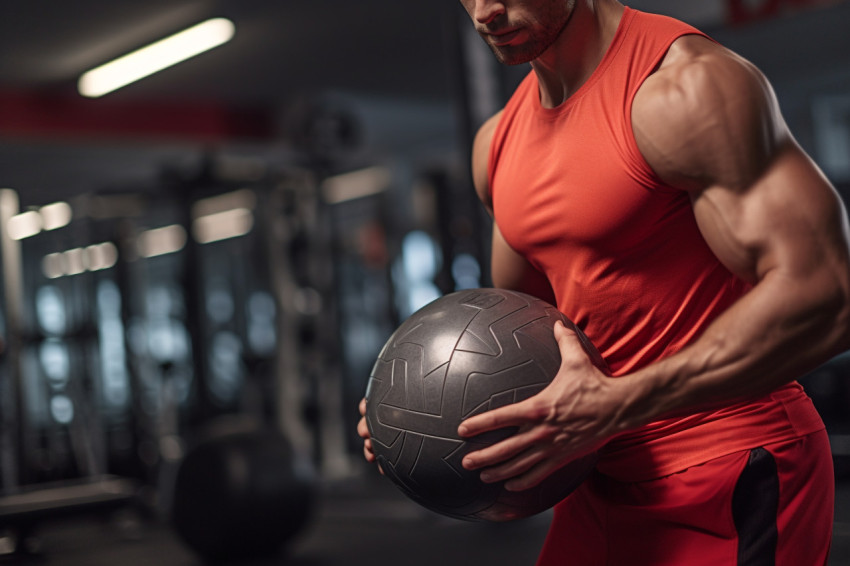 Young man working out with medicine ball in gym