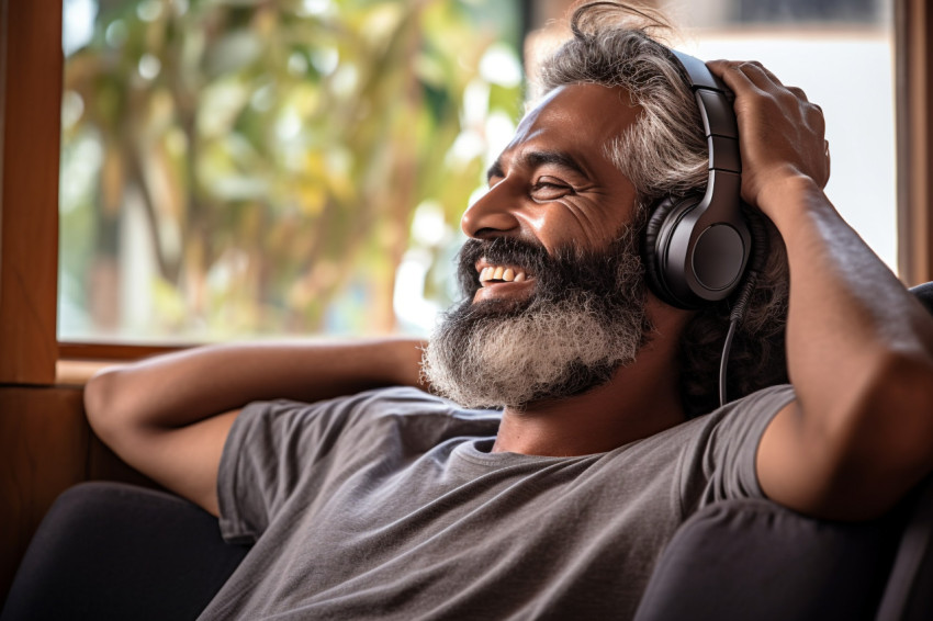 Indian man relaxing at home listening to music