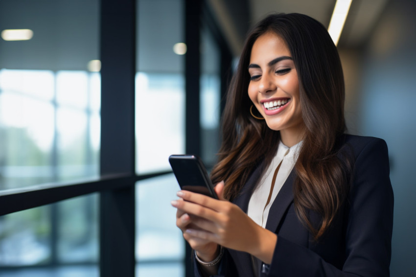 Smiling young business woman working in office