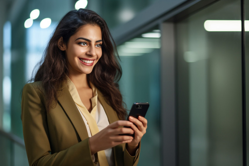 Smiling young business woman working in office