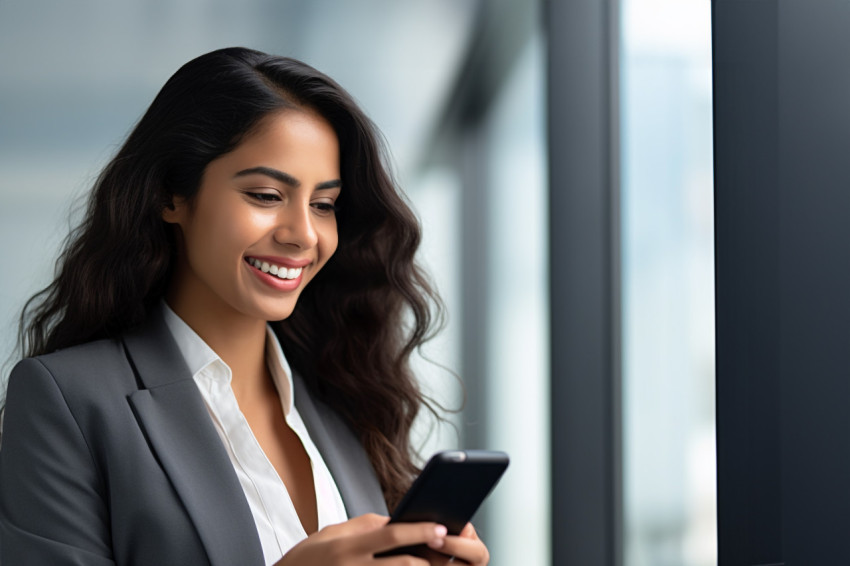 Smiling young business woman working in office