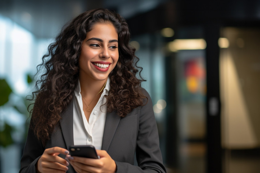 Smiling young business woman working in office