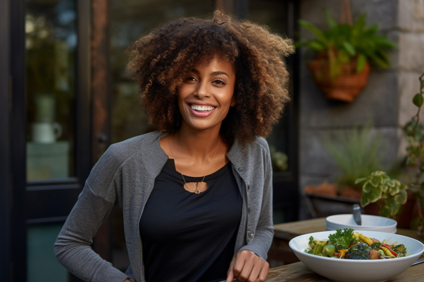 A photo of a pretty Black woman giving food on her porch