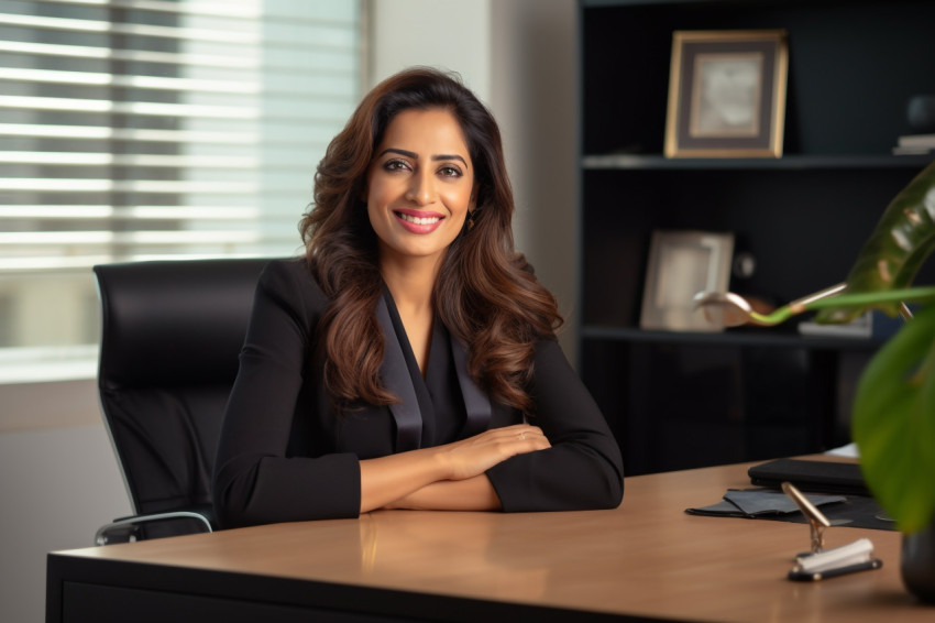 Confident Indian businesswoman posing at desk in modern home office